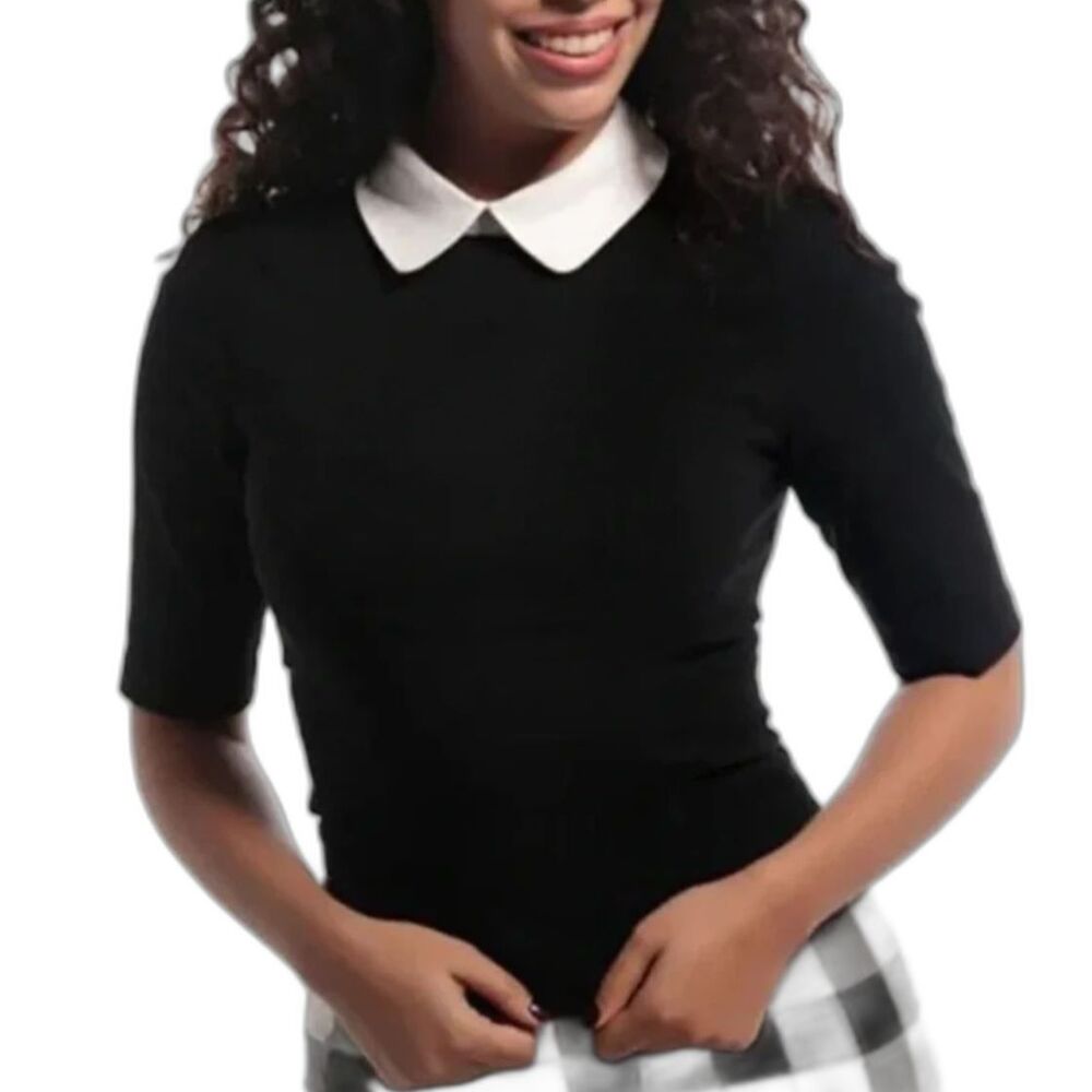 NWT Collectif Black and White Contrast Collared Fitted Top Sz UK 8 / XS